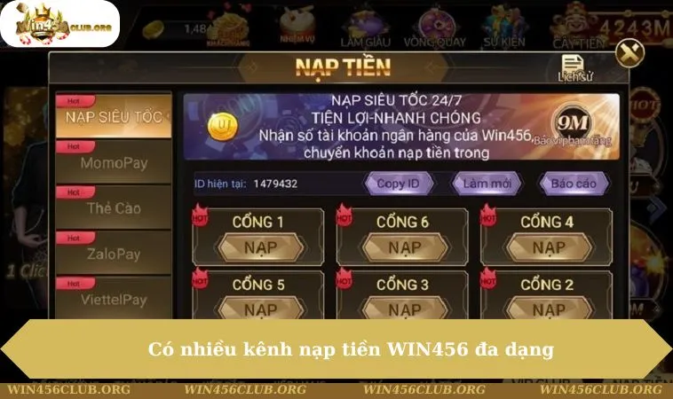 Nạp Tiền WIN456 200 Có nhiều kênh nạp tiền WIN456 đa dạng