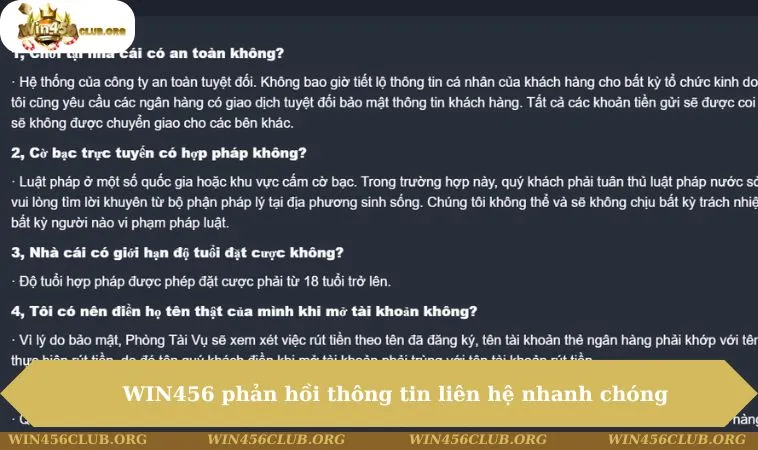 Liên Hệ WIN456 142 WIN456 phản hồi thông tin liên hệ nhanh chóng